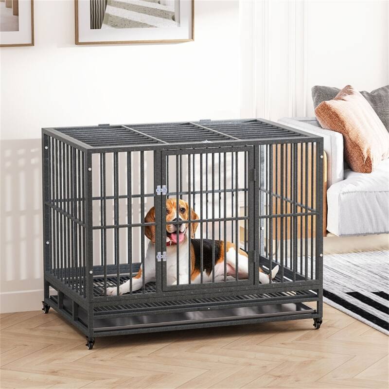 Grey Dog Cage with Secure Welded Frame Slide-Out Tray Front and Top Doors and Rolling Wheels