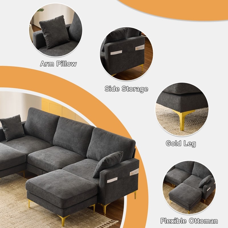 100'' W Gold Leg Square Arm Sofa with 2 Ottomans