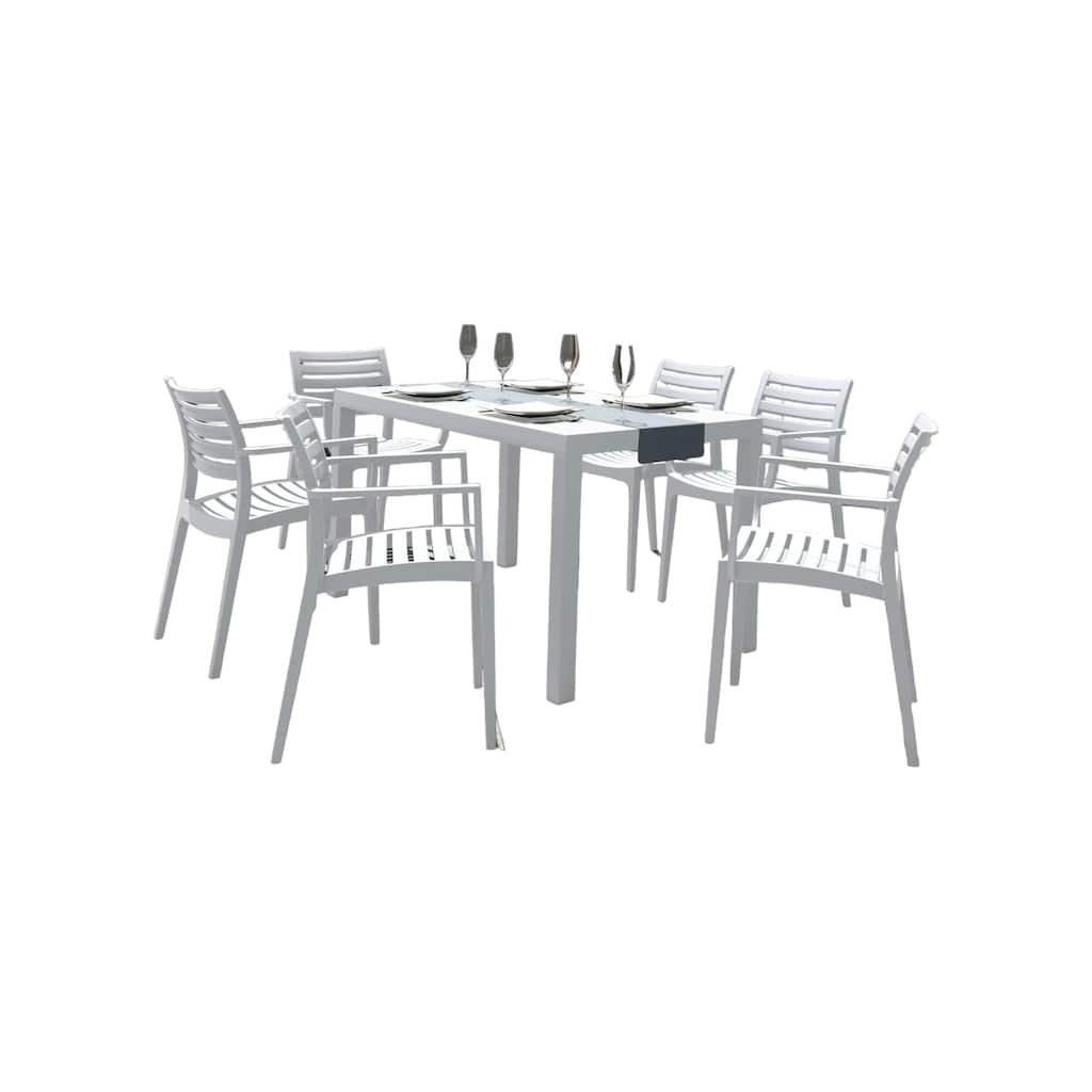 7-Piece White Rectangle Patio Dining Set with Arm Chairs 55"