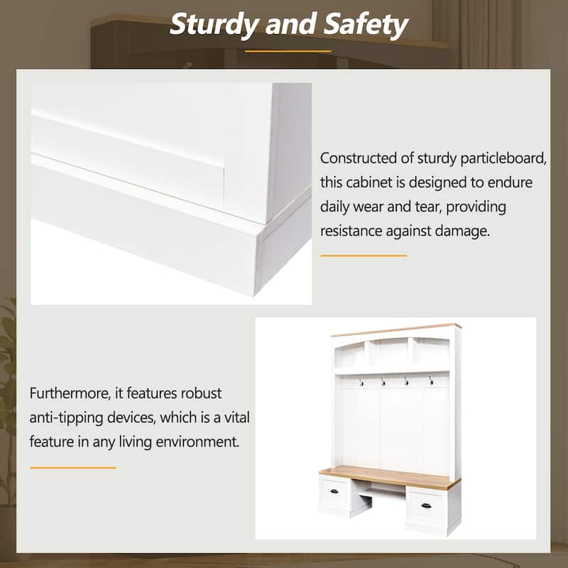 Roomfitters Farmhouse Hall Tree with Wood Grain Bench and Top, 4-in-1 Mudroom Organizer with Coat Rack