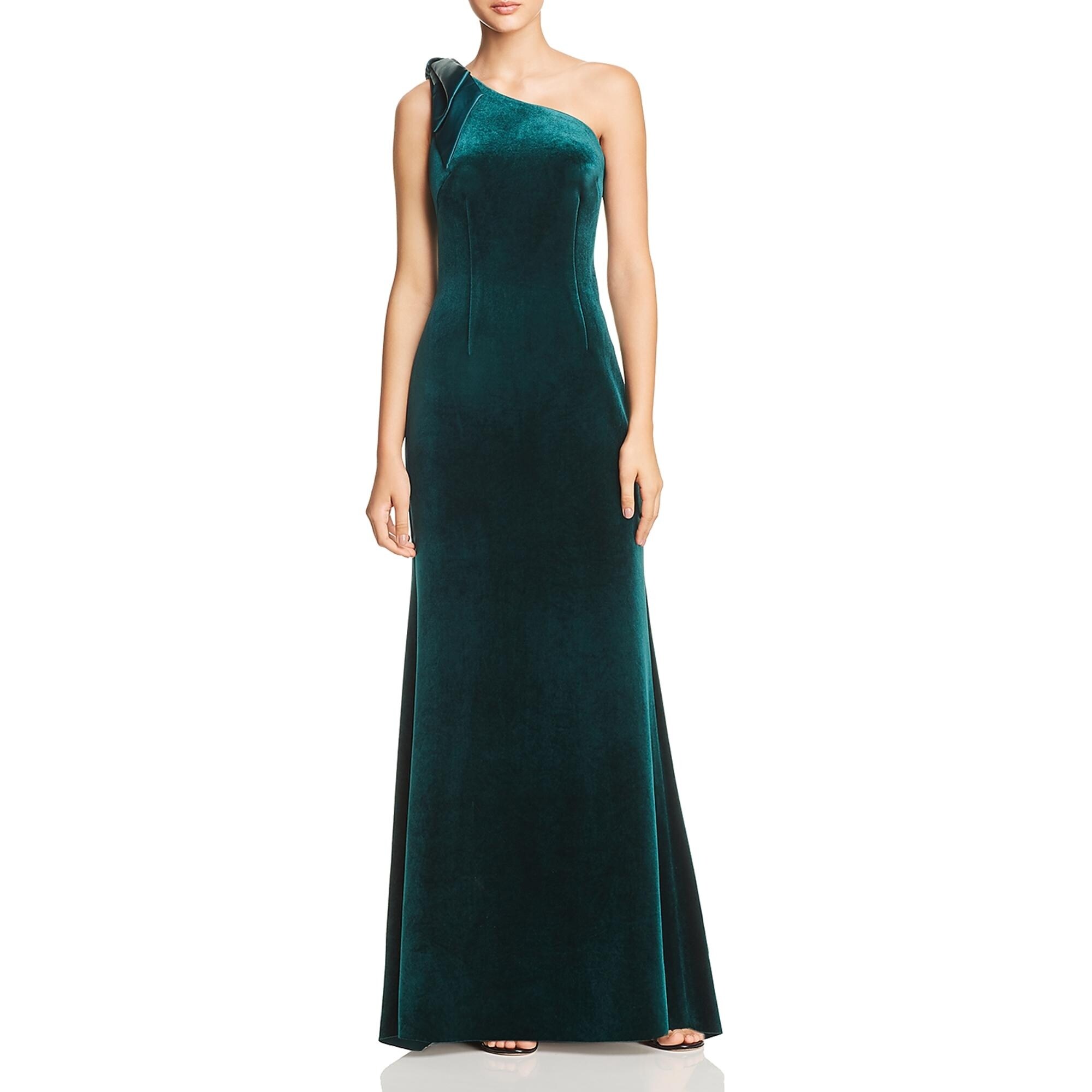 aqua one shoulder velvet gown