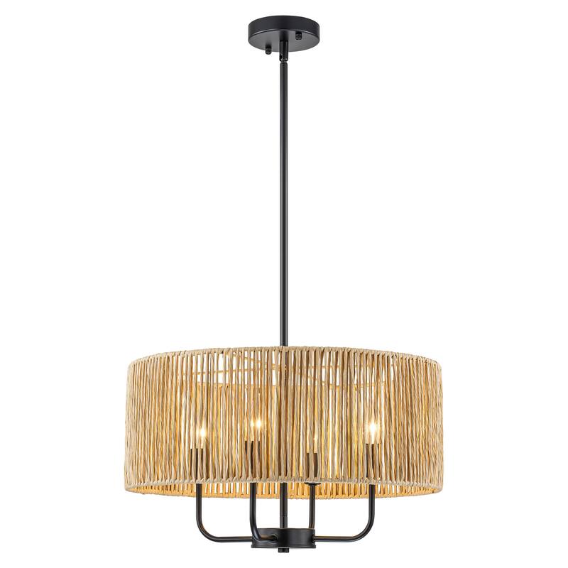 4-Light Rustic Farmhouse Drum Chandelier/Island Lights with Handwoven Rope Shade - 19.6 in. W x 11.4 in. H