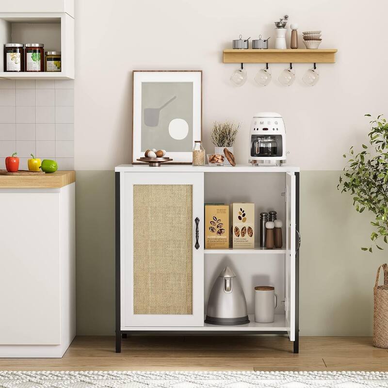 Rattan Storage Cabinet with Doors and Shelves, Natural Rattan Sideboard and Buffet with Storage