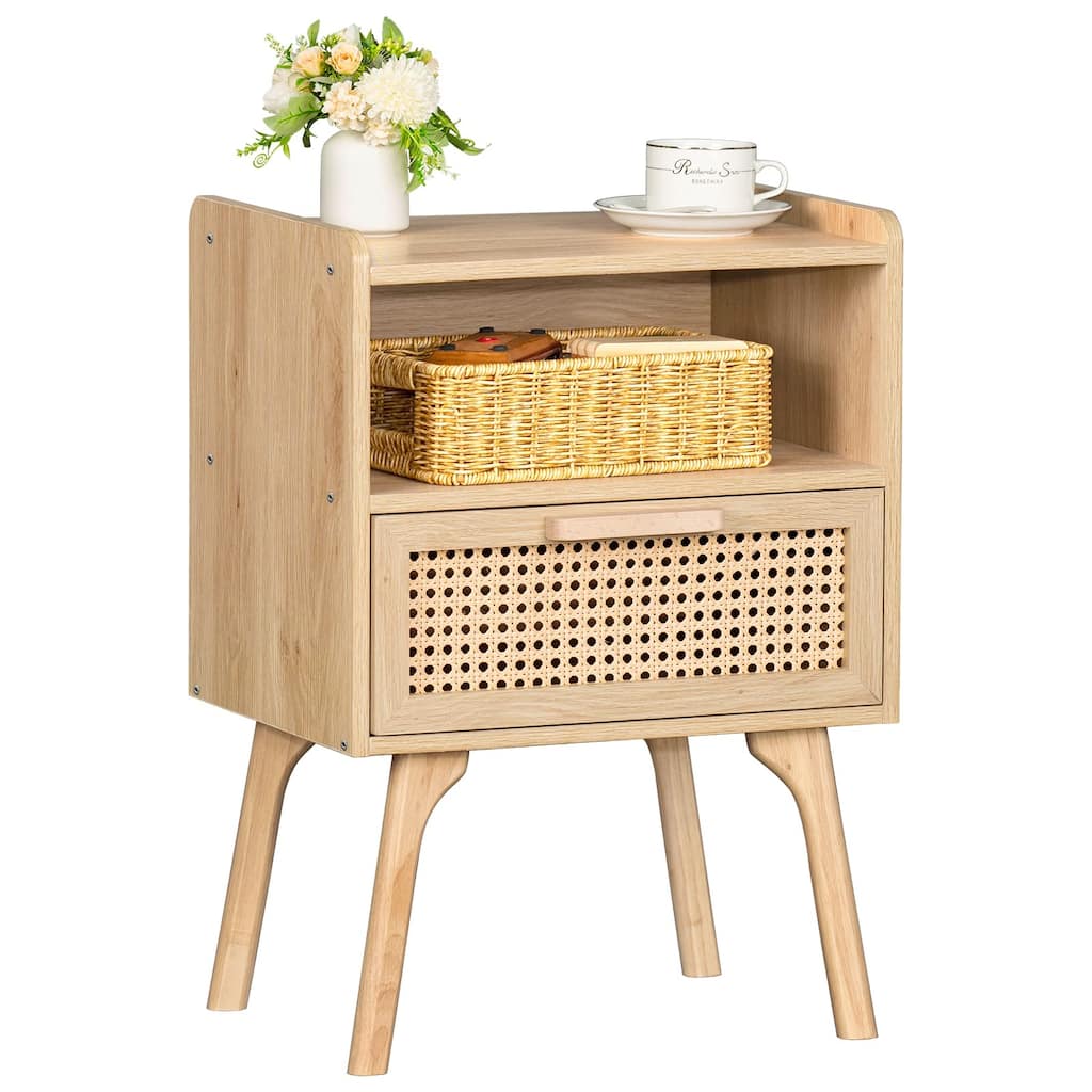 Rattan Nightstand, Boho Side Table with Drawer Open Shelf, Cane Accent Bedside End Table with Solid Wood Legs