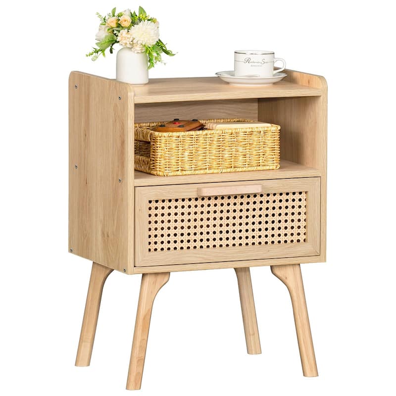Rattan Nightstand, Boho Side Table with Drawer Open Shelf, Cane Accent Bedside End Table with Solid Wood Legs - Natural Maple