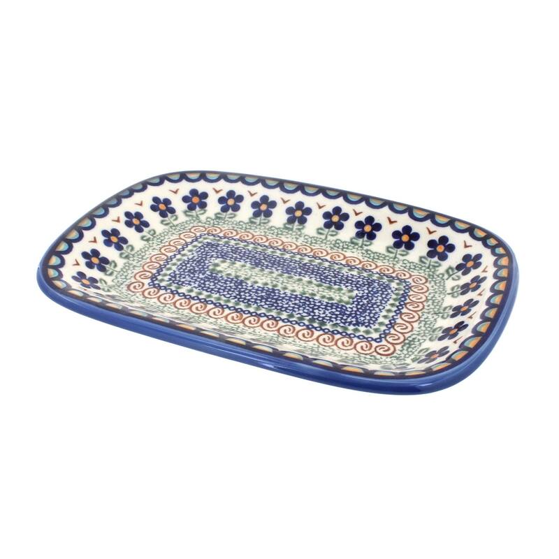 Blue Rose Polish Pottery 119 Vena Small Rectangular Serving Platter - Aztec Flower
