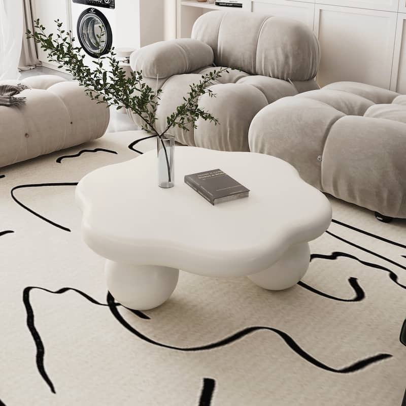 Cloud Shaped Coffee Table, Petal-Shaped Modern Minimalist Coffee Table with Spherical Legs - White