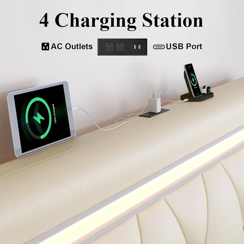 Platform Upholstered Bed Frame with LED Light and Charging Station Adjustable Headboard Wooden Slat Support No Box Spring Needed
