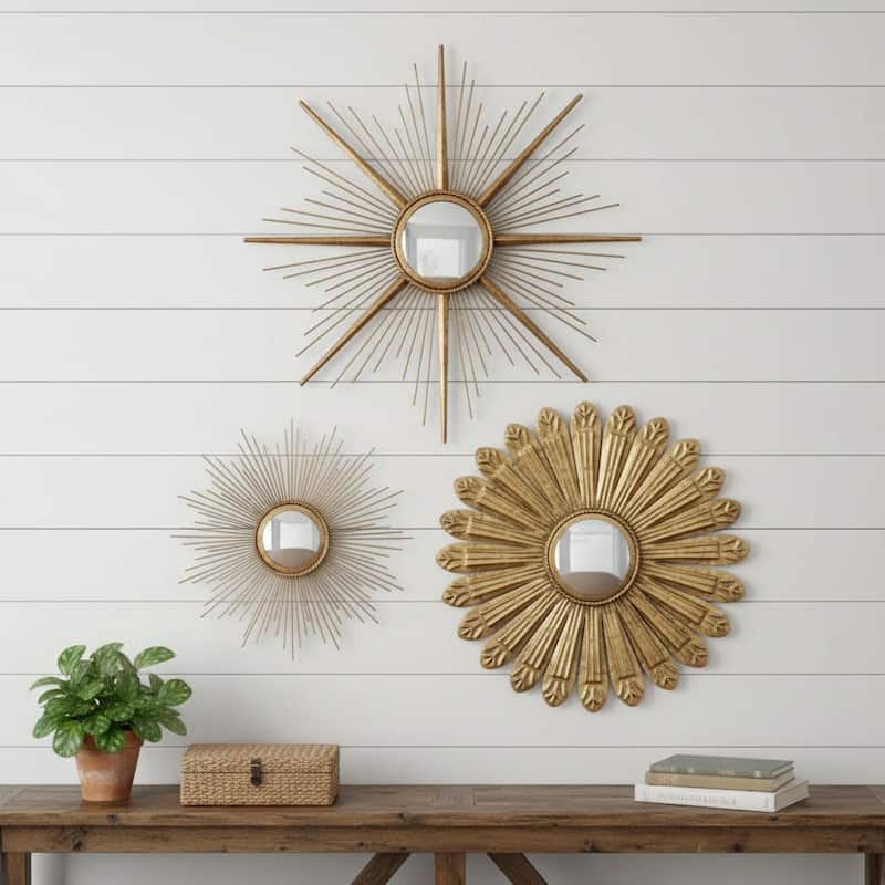 HomeRoots Set of Three Gold Metal Sunburst Geometric Framed Accent Mirrors - 22.00 in. x 22.00 in. x 2.00 in. - 22.00 in. x 22.00 in.  x 2.00 in.