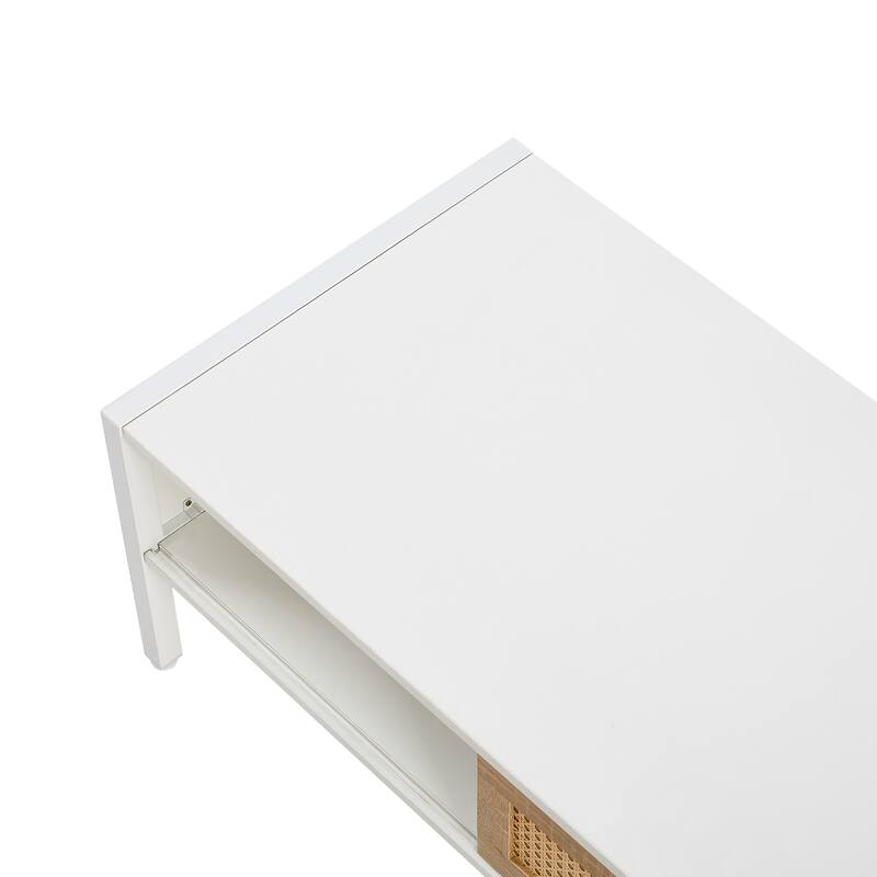 Anmytek Rattan Coffee Table,Sliding Door for Storage, Metal Legs White Modern Living Room Storage Centerpiece Organizer