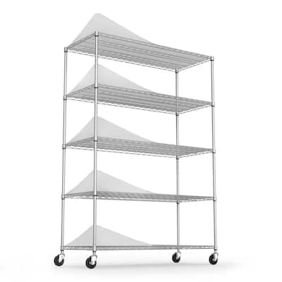 Heavy Duty Adjustable Metal Storage Rack with Wheels & Shelf Liners, 5-Tier, High Load Capacity