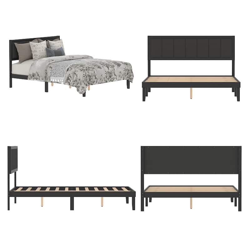 Modern Rubber Wood Solid Wood Bed Frame with Upholstered Headboard - Queen Size