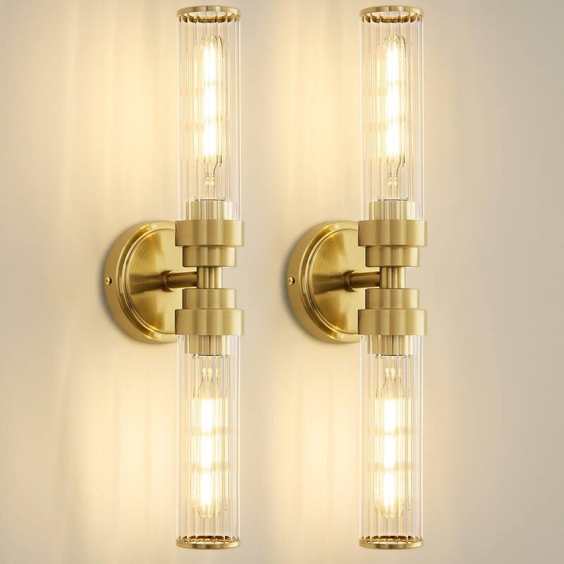Bathroom Light Fixtures, Gold Wall Sconce in Threaded Glass Vanity Lights 2 Pack - 2 Pack-Gold Threaded Glass - 2 Pack-Gold Threaded Glass