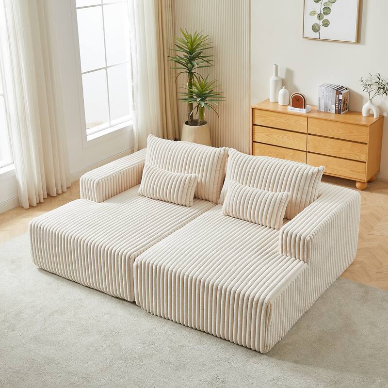 87'' Lounge Chaise Sleeper Sofa - Soft Corduroy Couch with Ottoman Bench and Pillow Support