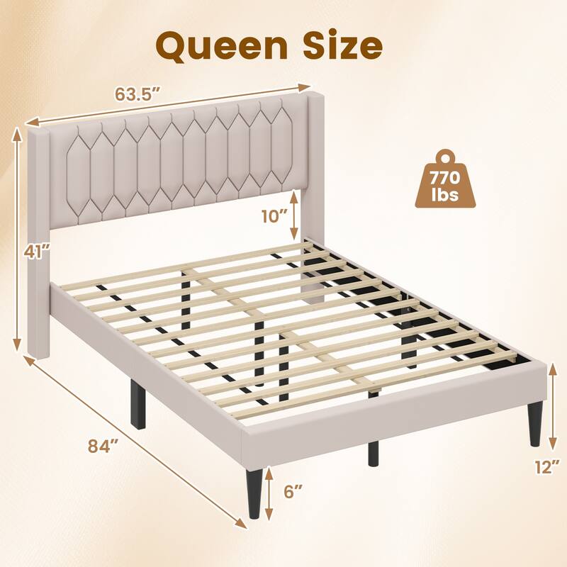 Modern Queen Velvet Upholstered Bed Frame with Cushioned Wingback and 10 Legs Slatted Platform