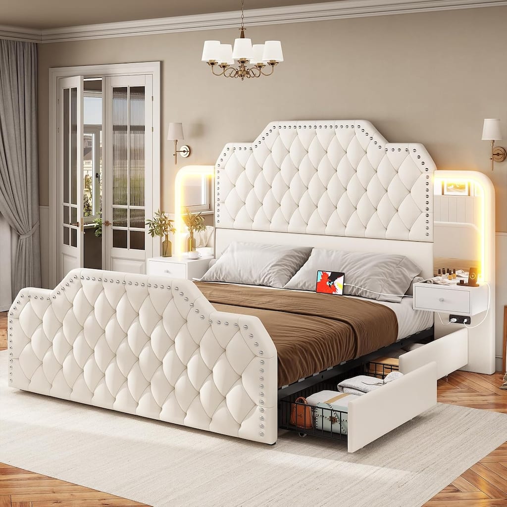 Queen Bed Frame 53" Tall Headboard 4 Drawers 2 Nightstands Mirror
