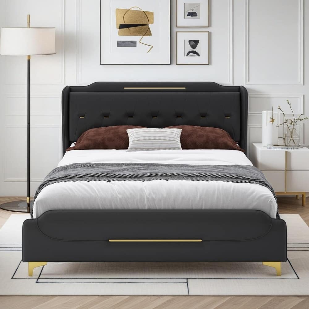 Upholstered Platform Bed with Wingback Headboard, Footboard, PU Leather Bed Frame Solid Wooden Slats Support, Low Floor Base Bed
