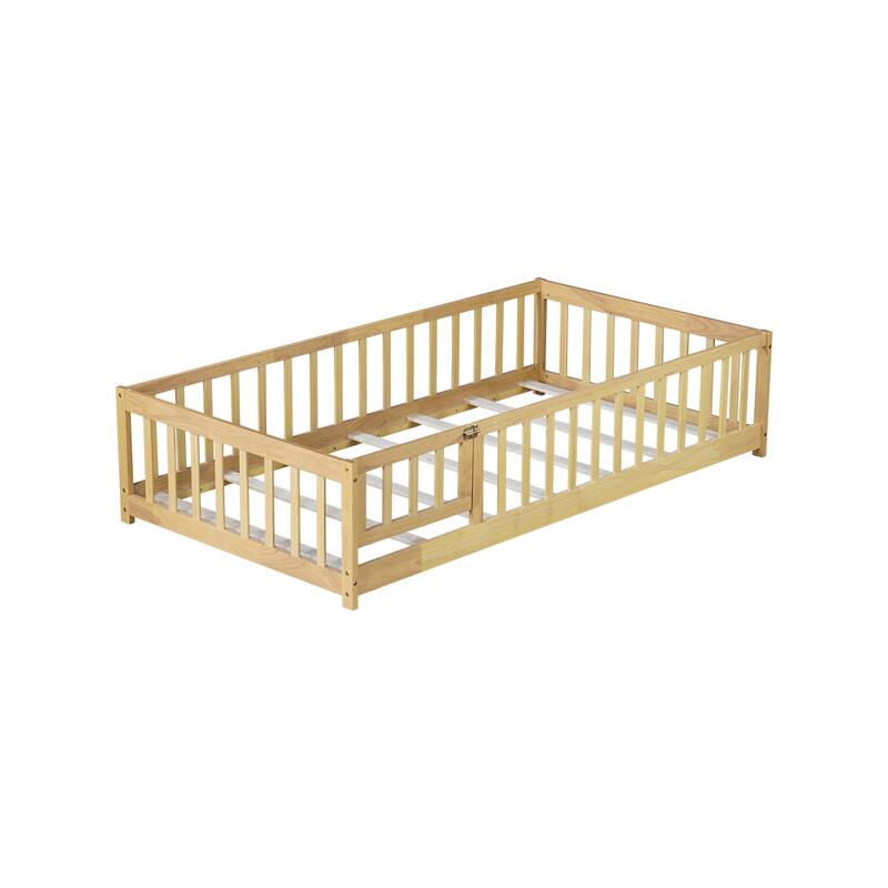 Twin Low Floor Kids Bed with Safety Fence and Reinforced Slats, Natural Rubber Wood Floor Bed for Toddlers