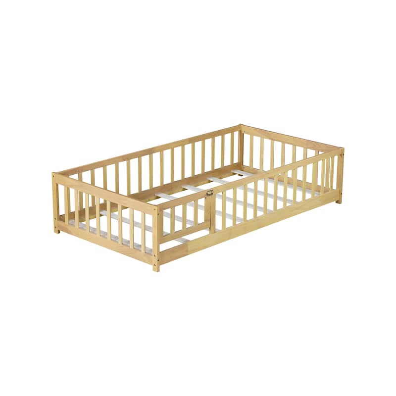 Twin Size Floor Bed with Fence and Door,Rubber Wood Floor Bed with Safety Guardrails