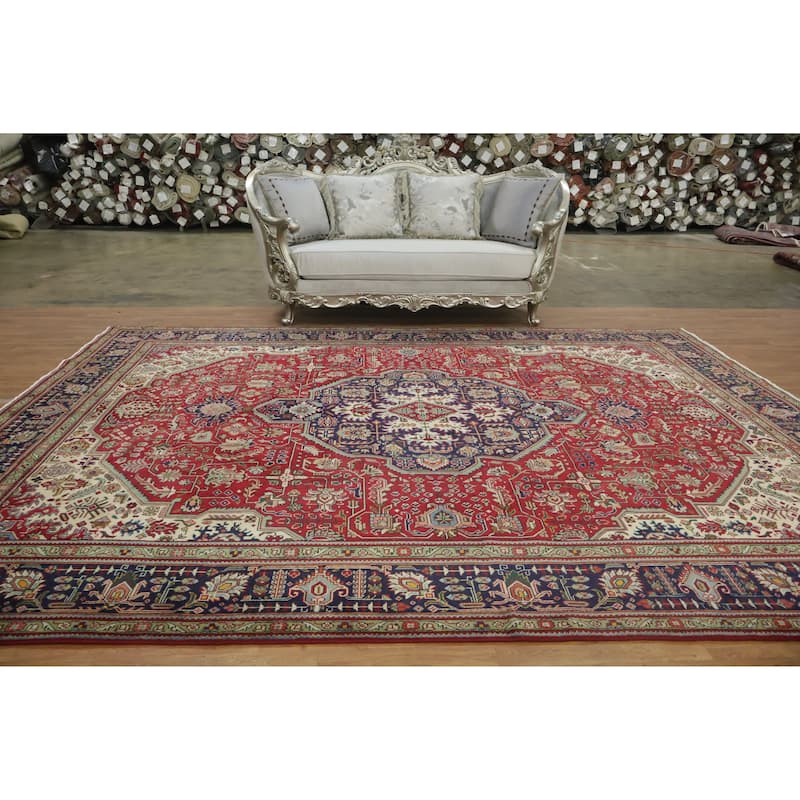 Hand Knotted Oriental 100% Wool Carpet Traditional Floral Red Tabriz Area Rug - 12' 7'' X 9' 7''