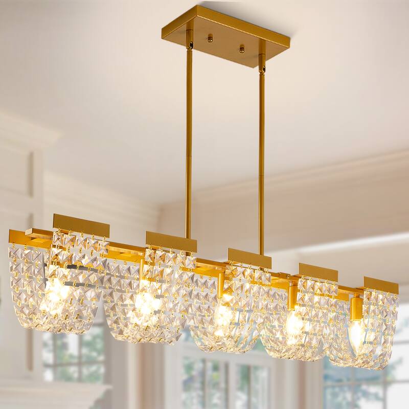 5-Light Luxury Retro Linear Crystal Chandelier Island Pendant Lighting Fixture. - Gold