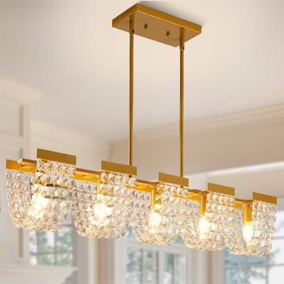 5-Light Luxury Retro Linear Crystal Chandelier Island Pendant Lighting Fixture.