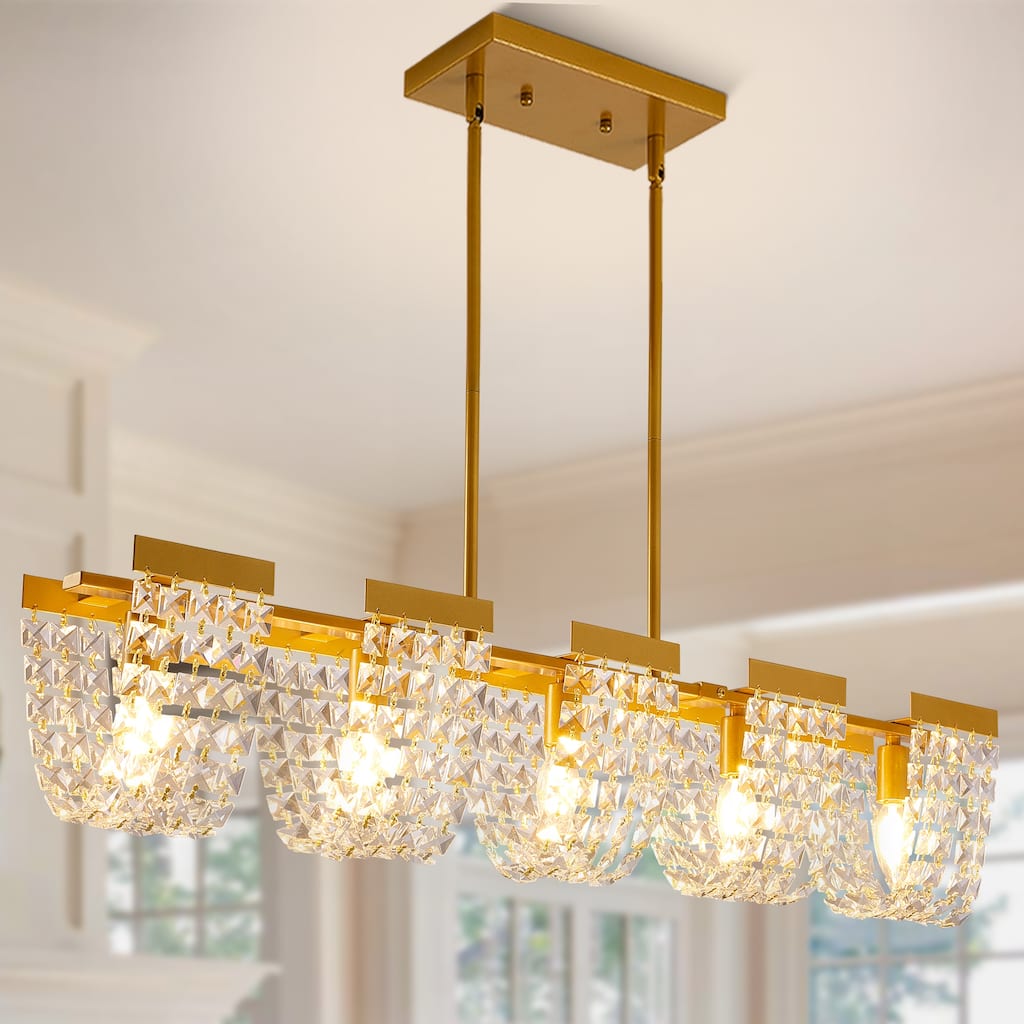 5-Light Luxury Retro Linear Crystal Chandelier Island Pendant Lighting Fixture.