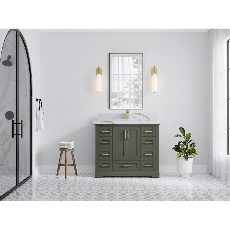 Willow Collection 42 in W x 22 in D x 36 in H Boston Single Bowl Sink Bathroom Vanity with Countertop - 2"Calacatta Gold - Pewter Green