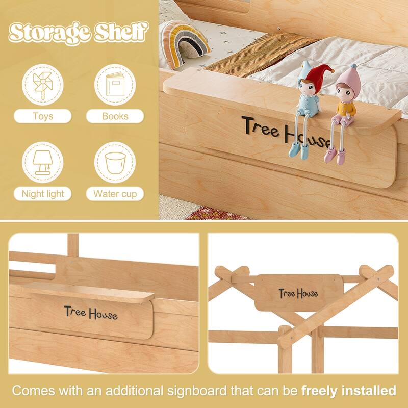 Queen Size Floor Bed with Guardrails and Roof, Kids House Floor Bed with a Small Built-in Tray and Free-installed Signboard