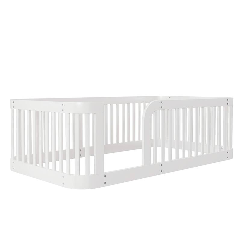 Twin Size Wood Floor Bed with Fence, Low Profile Platform Frame for Toddlers