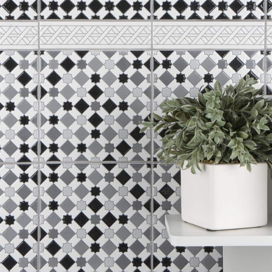 Merola Tile Sevillano Giralda Checkerboard Glossy Black and White 7-7/8" x 7-7/8" Ceramic Wall Tile - Case (25 Tiles)