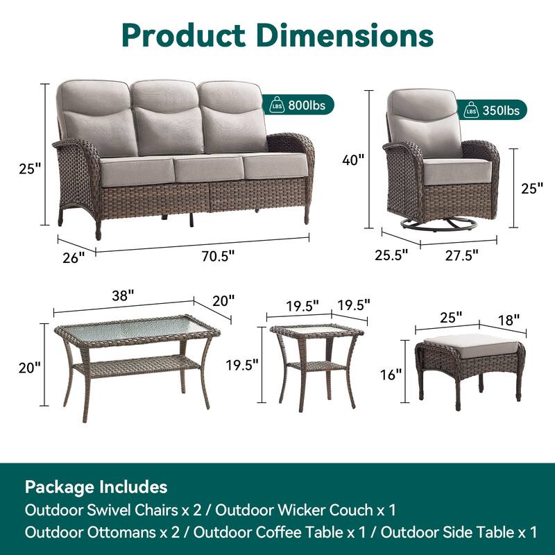 Pocassy Outdoor Wicker Patio Sofa with Swivel Chair Table and Ottomans