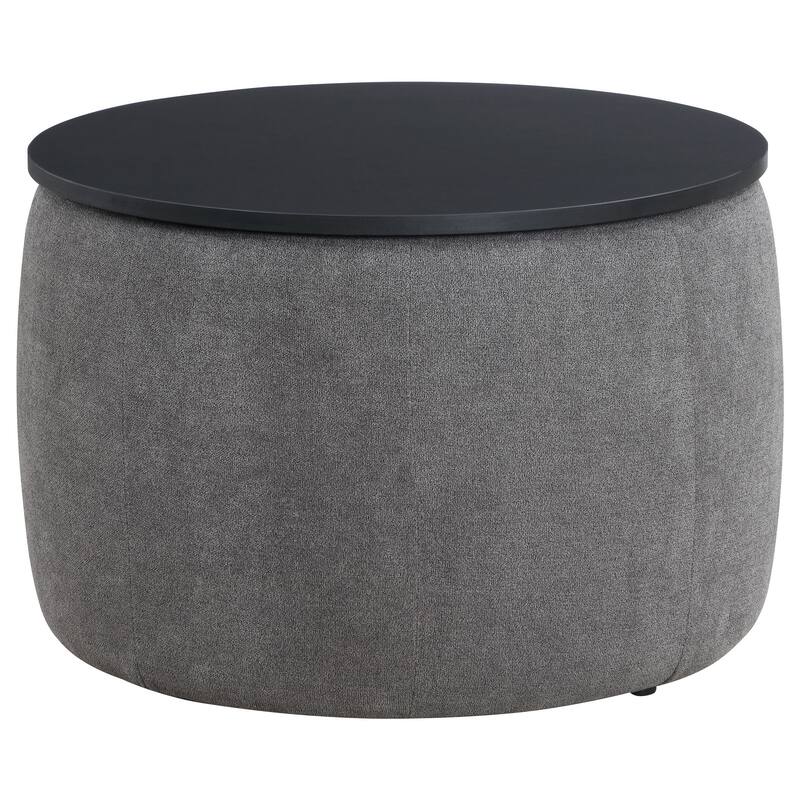 Soi 30 Inch Storage Ottoman table, Black Round Top Lift, Gray Chenille