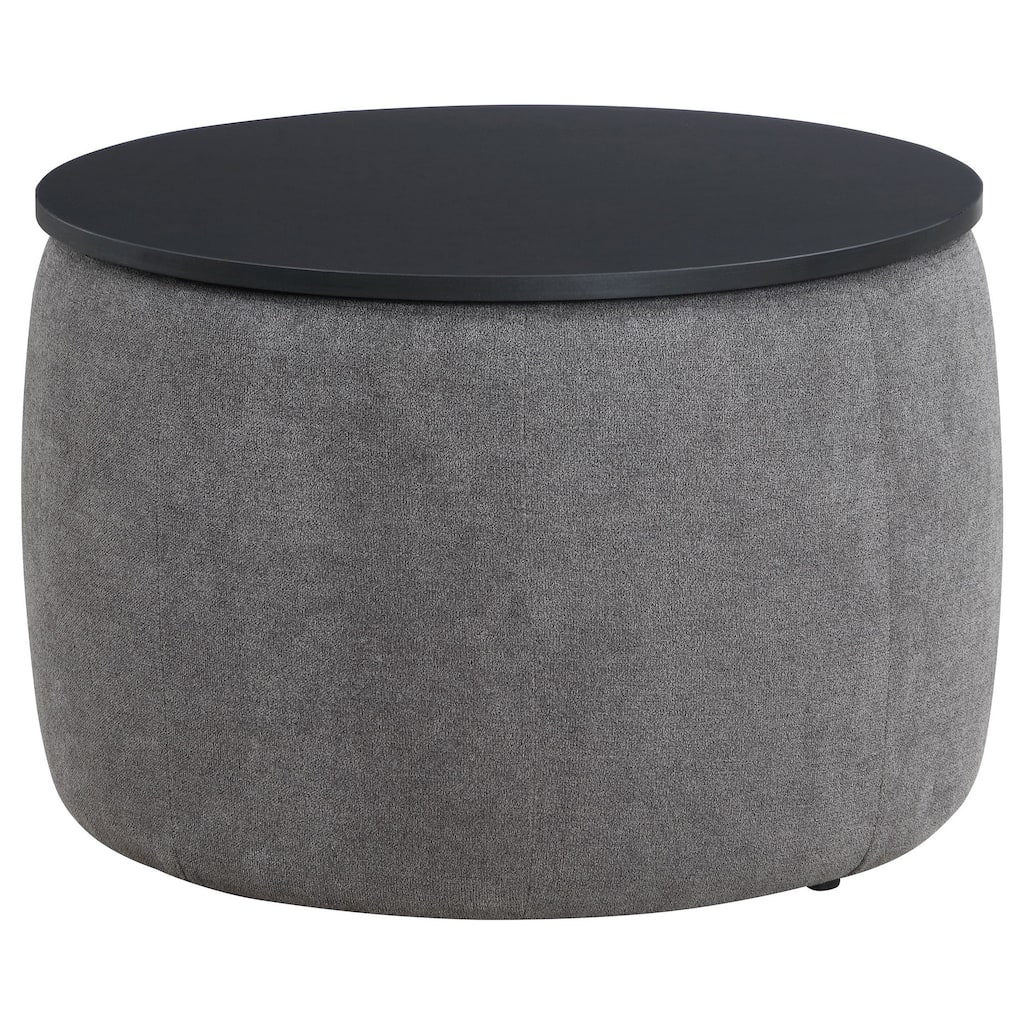 Soi 30 Inch Storage Ottoman table, Black Round Top Lift, Gray Chenille