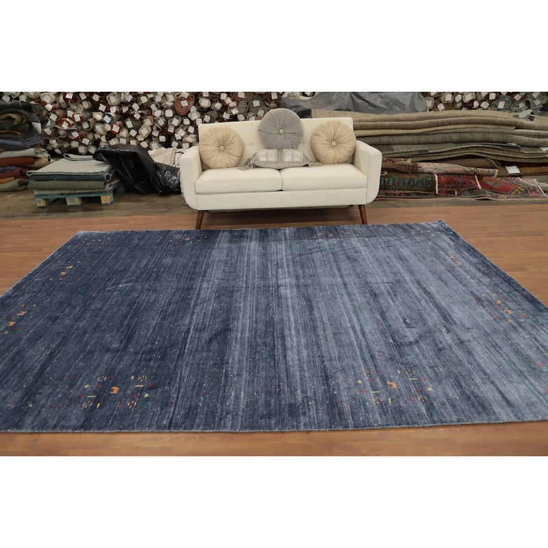 Hand Knotted Oriental Viscose Silk Carpet Tribal Animal Pictorial Navy Blue & Blues Gabbeh Area Rug - 10' 5'' X 7' 10''