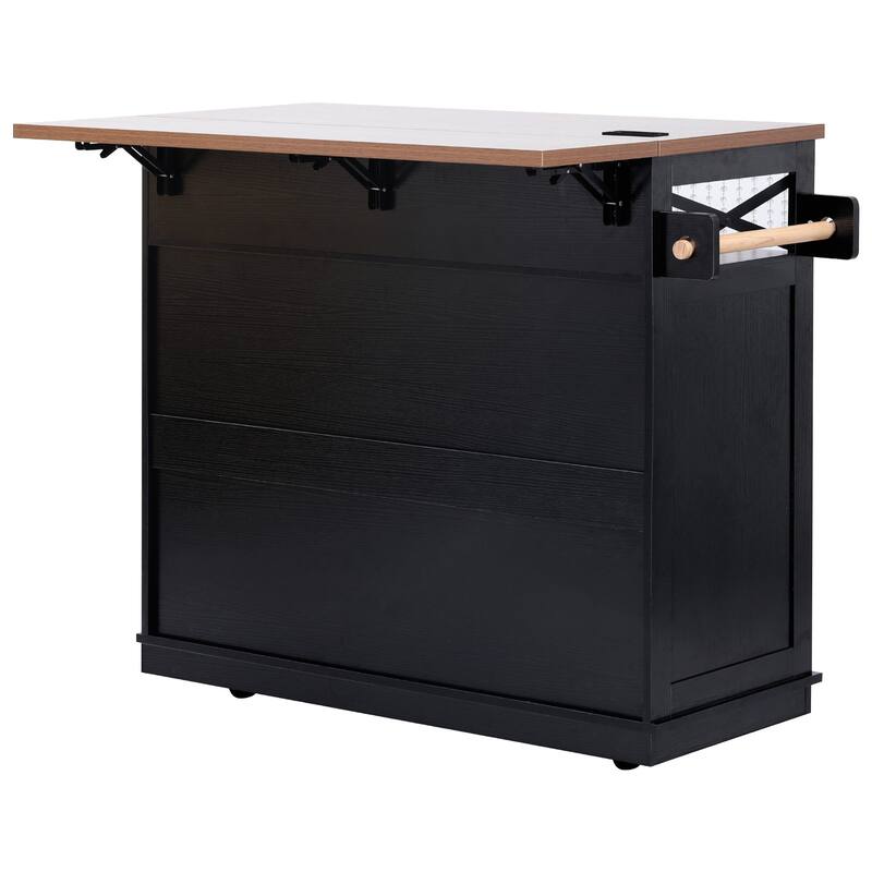 Roomfitters 46.5" Rolling Kitchen Island with Drop Leaf, Mobile Cart with 2 AC Outlets & USB, Beaded Drape & 3 Drawers