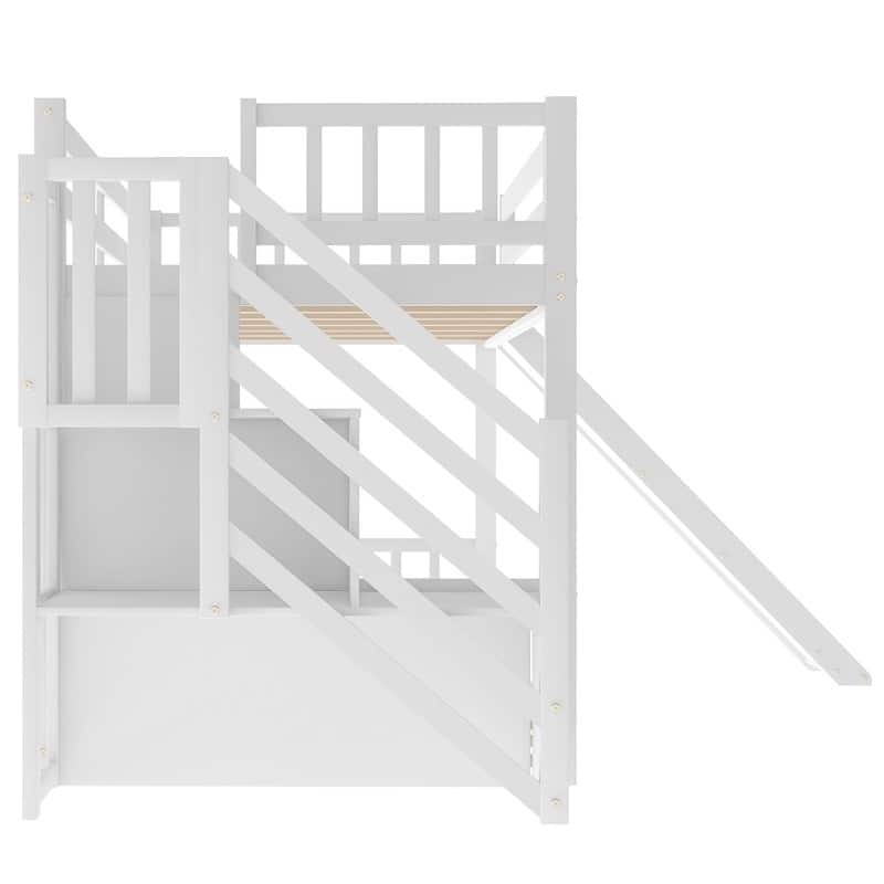 Twin Over Twin Floor Bunk Bed with Slide, Stairway with Storage