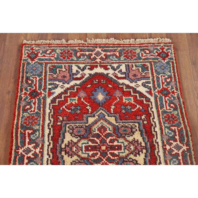 Geometric Heriz Serapi Indian Accent Rug Handmade Red Wool Carpet - 2'0" x 3'0"