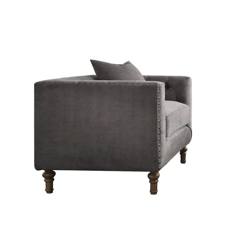 HomeRoots 41" Gray and Antiqued Brass Velvet Tufted Arm Chair And Toss Pillow - 41' X '31' X '34