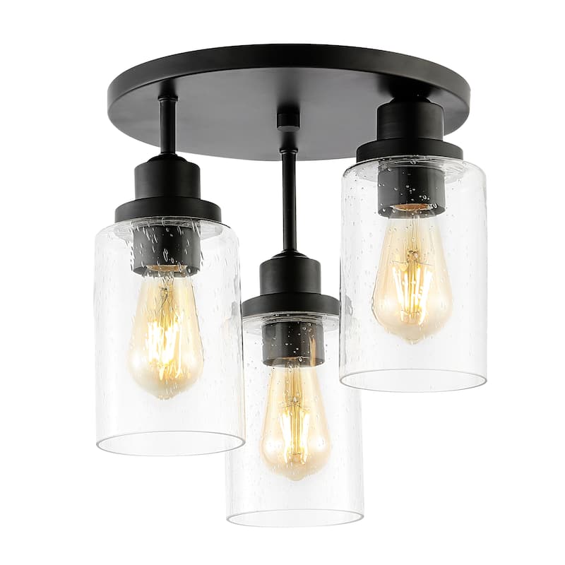 Wicklow 12" 3-Light Bohemian Farmhouse Iron/Seeded Glass LED Semi Flush Mount, Black/Clear by JONATHAN Y - Black