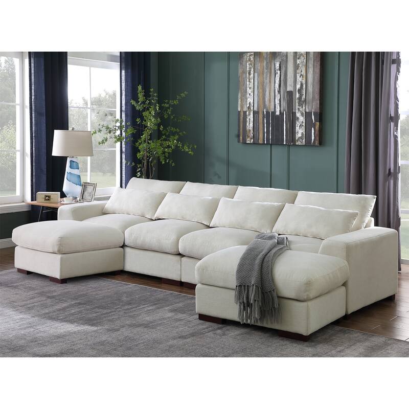 Linen Blend Sectional Sofa with 2 Ottomans and 4 Matching Pillows - Beige