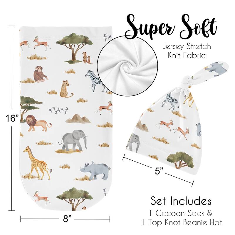 Sweet Jojo Designs Jungle Animal Boy Girl Gender Neutral Unisex Baby Cocoon and Beanie Hat Sleep Sack 2p Set Green Boho Elephant