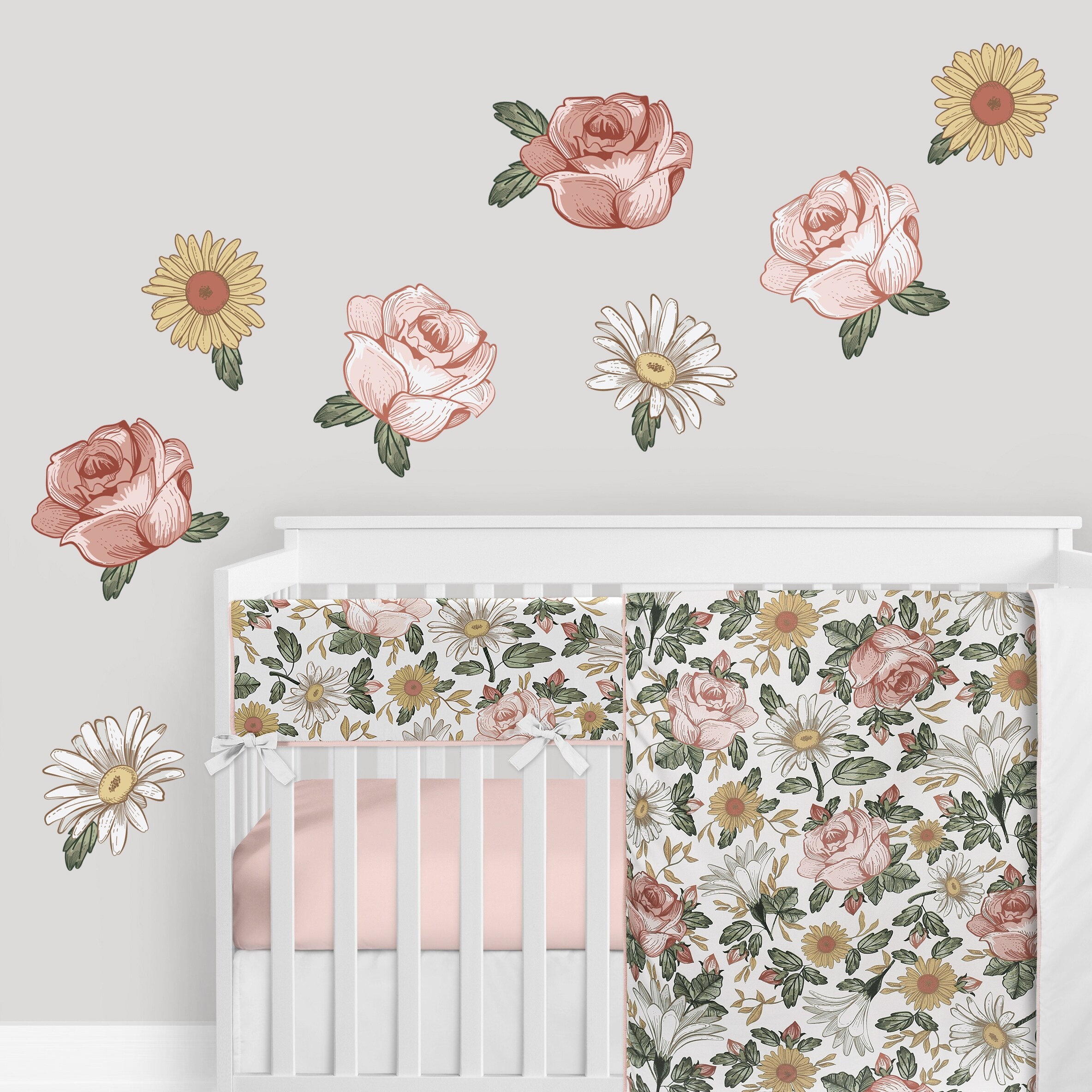 Nursery Yellow Blush Pink Green and White Shabby Chic Rose Flower Farmhouse Wildflower and Kids Sweet Jojo Designs Vintage Floral Boho Wall Art Prints Room Decor for Baby Set of 4
