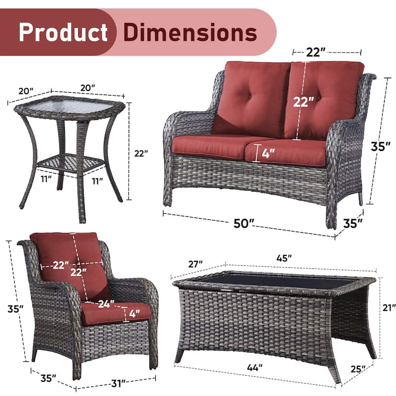 Pocassy 5 Pieces Outdoor Patio 2-Seat Sofa Chairs with Coffee Table