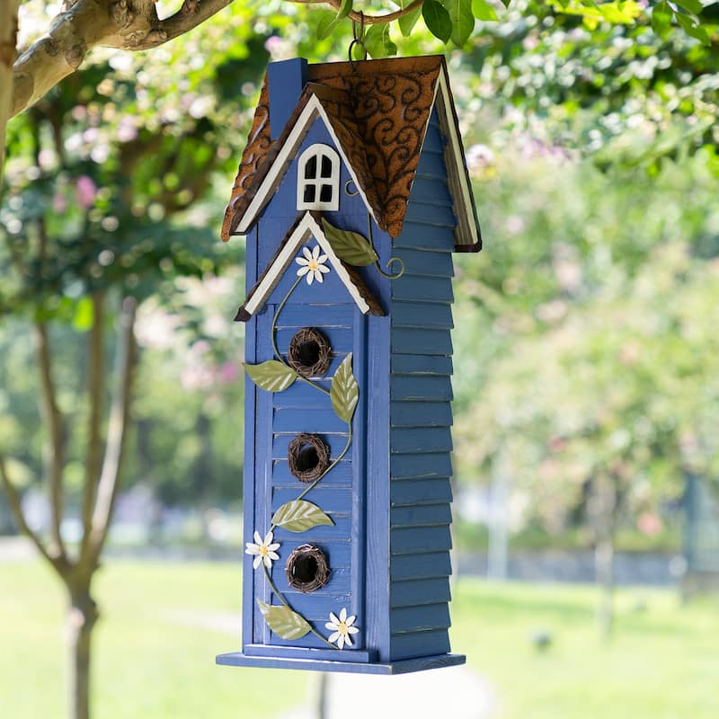 Glitzhome 24.25"H Oversized Washed Blue or White 3-Tiered Solid Wood Villa Decorative Outdoor Garden Birdhouse - Blue