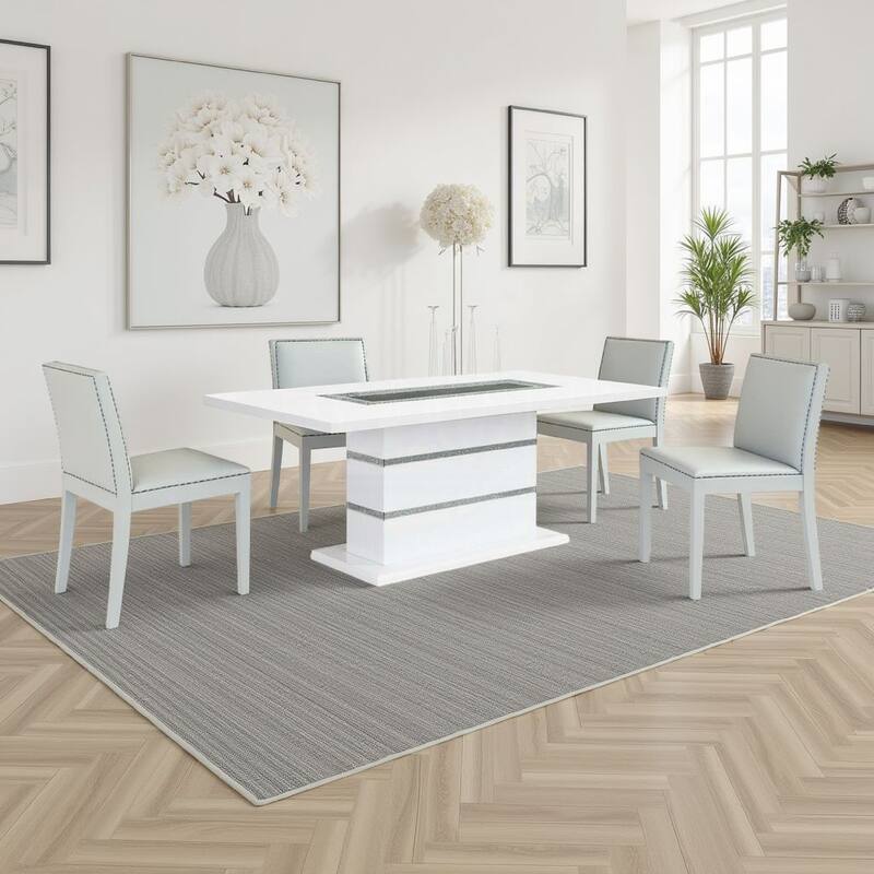 Zav Dining Table, 79 Inch Rectangular Top, White Gray Pedestal Base - Gray, White, Silver, Black