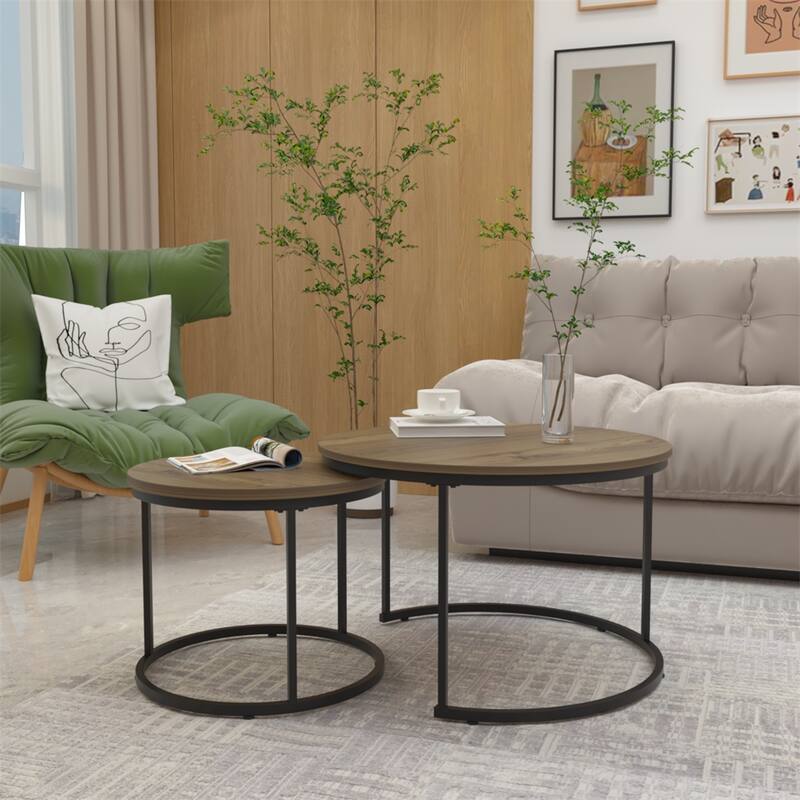 Round Nesting Coffee Table with Sturdy Metal Frame (Set of 2)