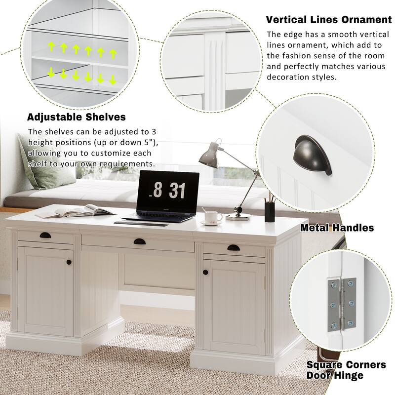 Executive Desk Computer Desk with 2 Cabinet and 3 Drawers Reading Desk - White
