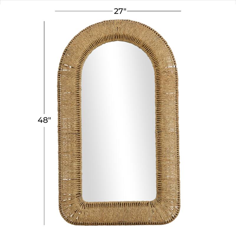 Brown Rattan Woven Room Wall Mirror with Arched Top - 27 x 3 x 48