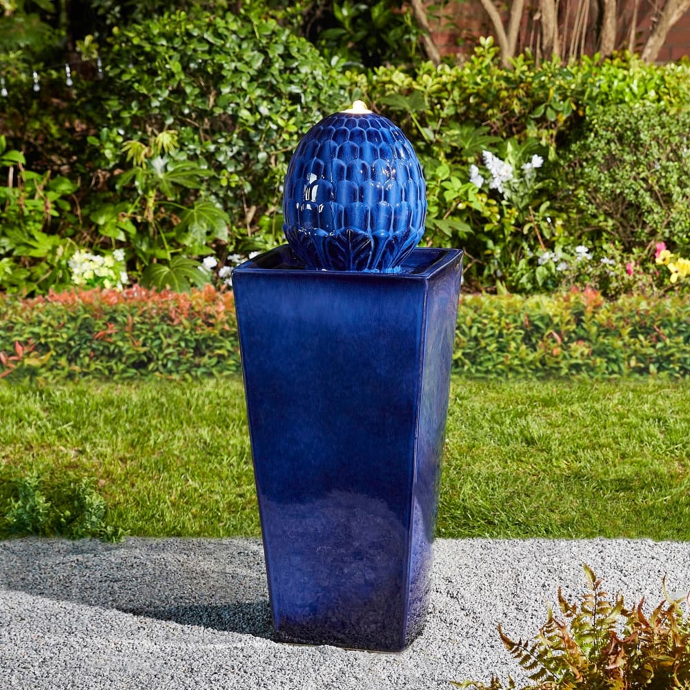 36"H Oversized Artichoke Pedestal LED Ceramic Fountain by Glitzhome